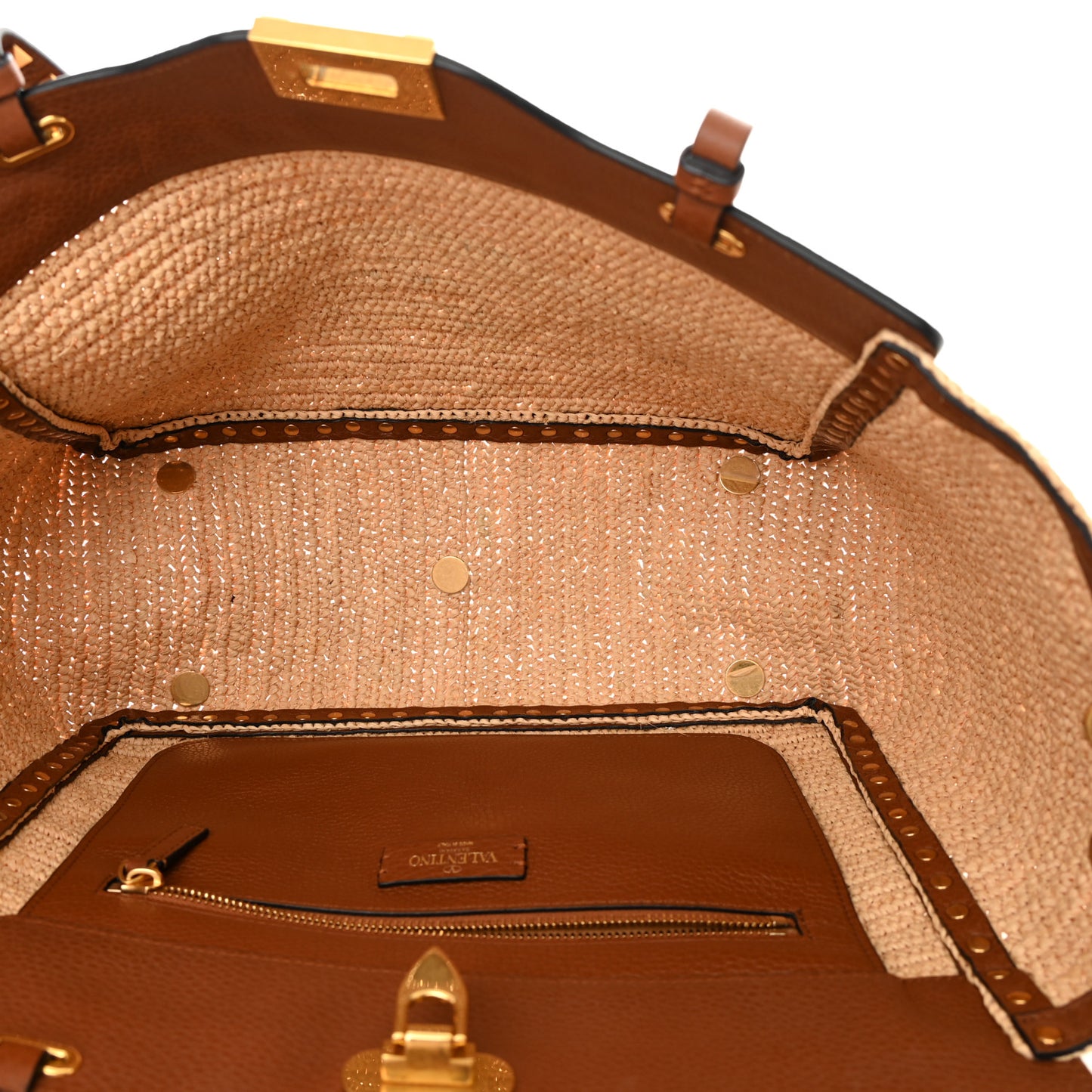 Raffia Calfskin Rockstud Tote Naturale Saddle Brown