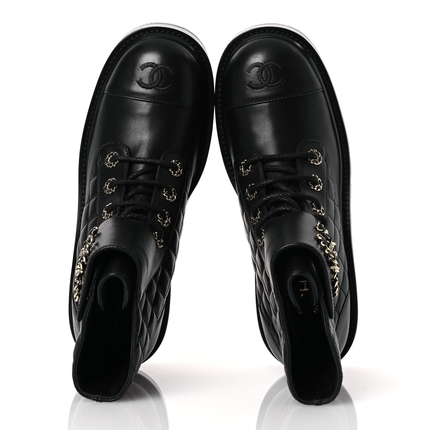 Shiny Lambskin Quilted Lace Up Combat Boots 38.5 Black