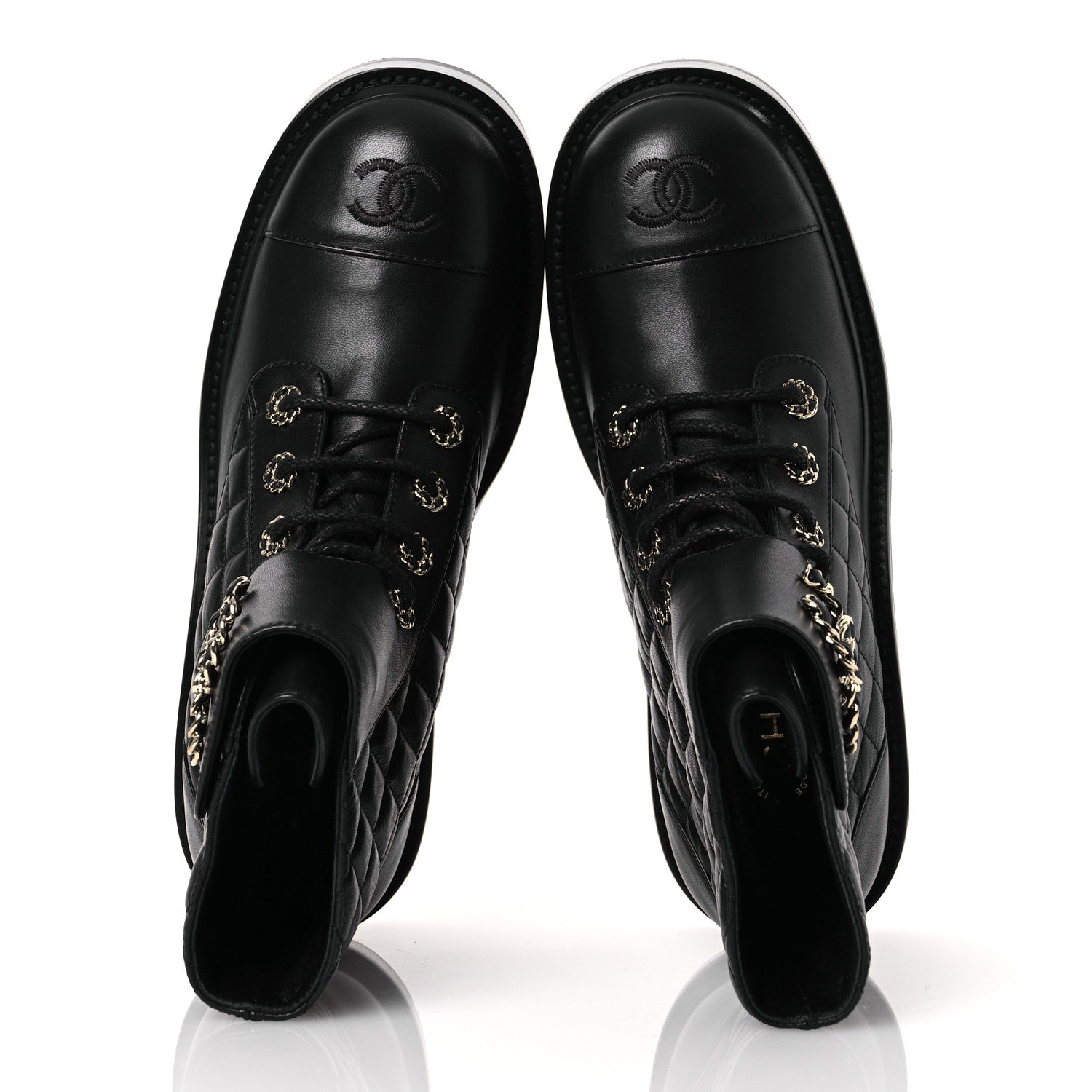 Chanel Shiny Lambskin Quilted Lace Up Combat Boots 38.5 Black 3 of 11