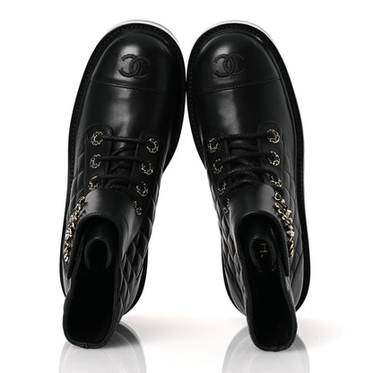 Chanel Shiny Lambskin Quilted Lace Up Combat Boots 38.5 Black 3 of 11