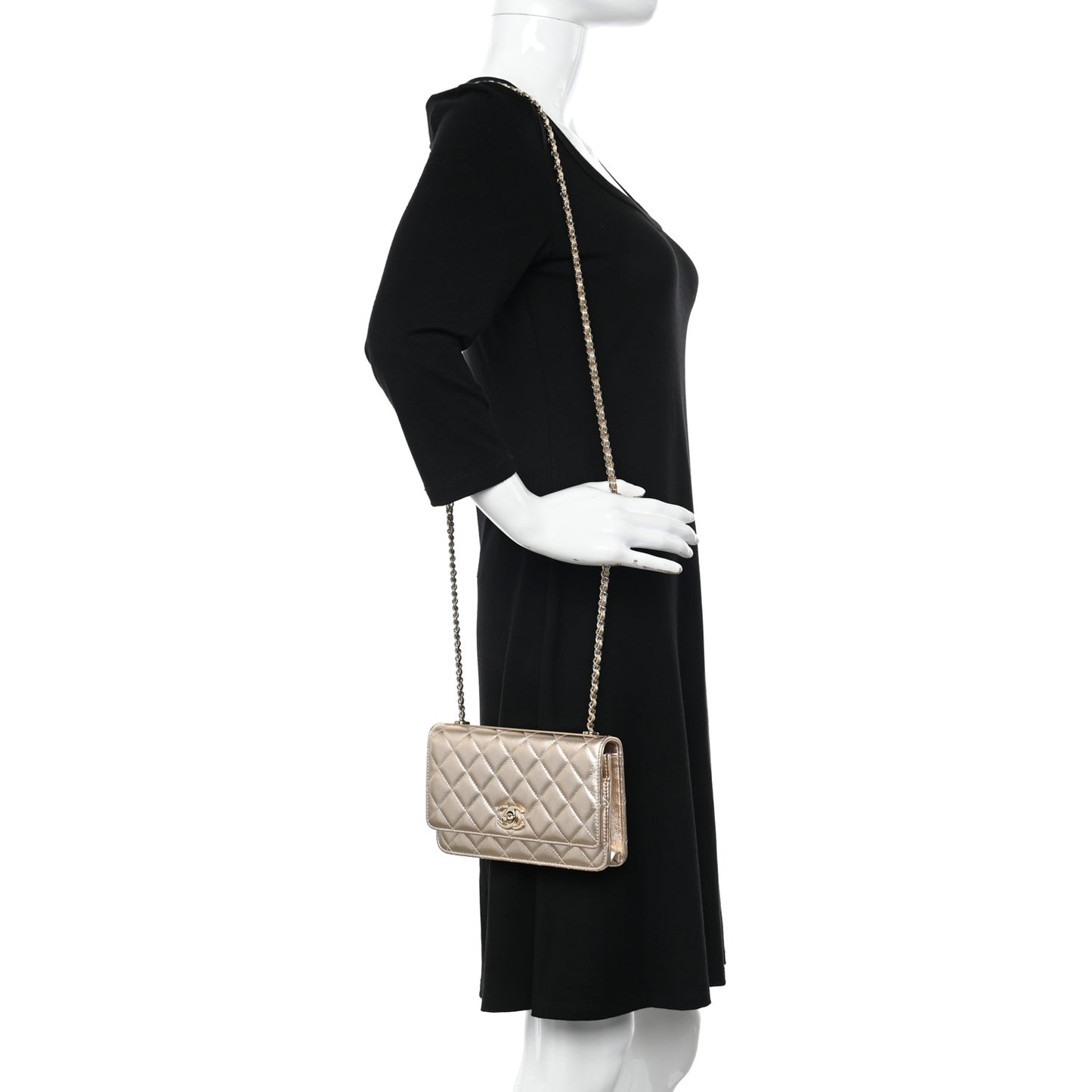 Metallic Lambskin Quilted Trendy CC Wallet On Chain WOC Gold