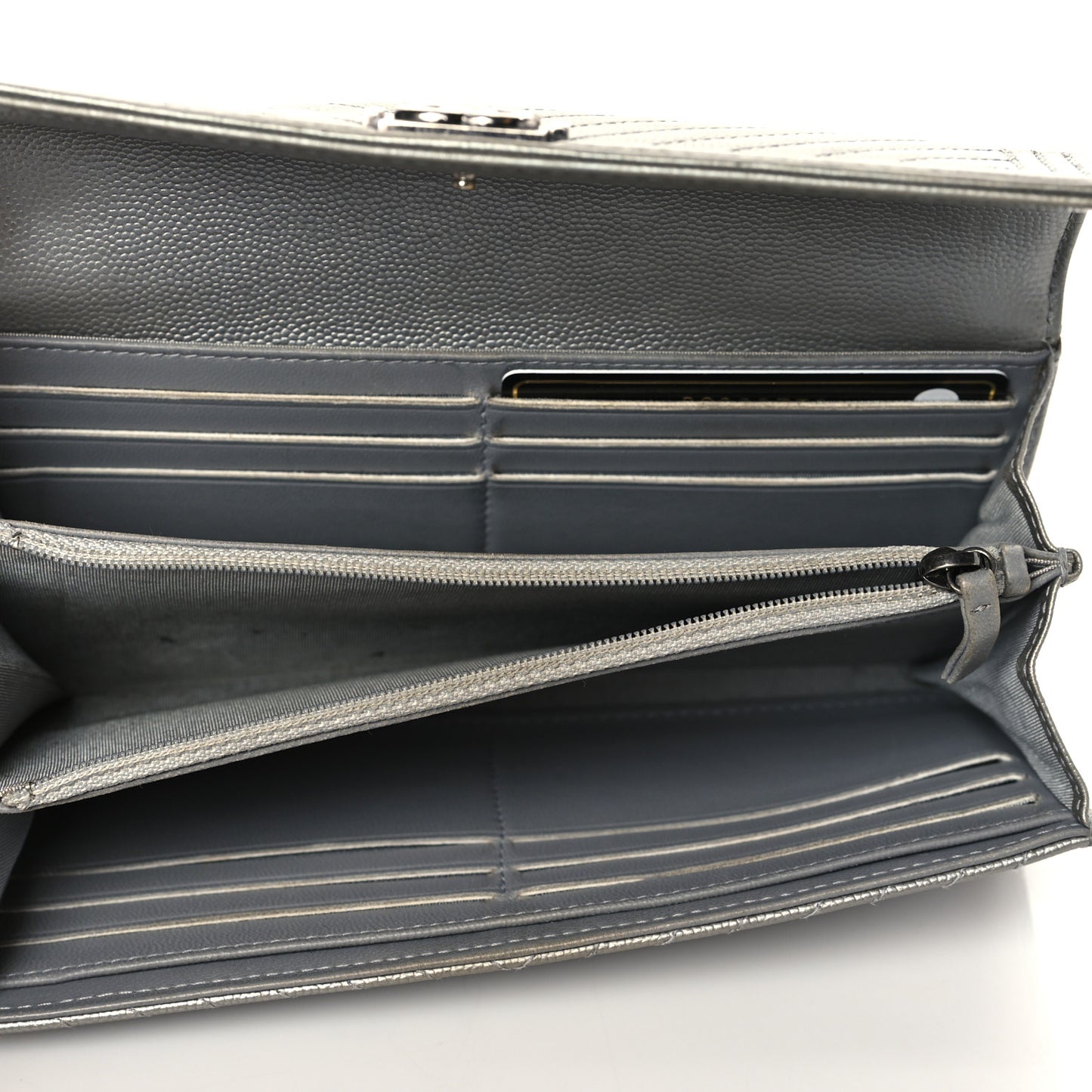 Metallic Caviar Chevron Quilted Large Boy Gusset Flap Wallet Silver