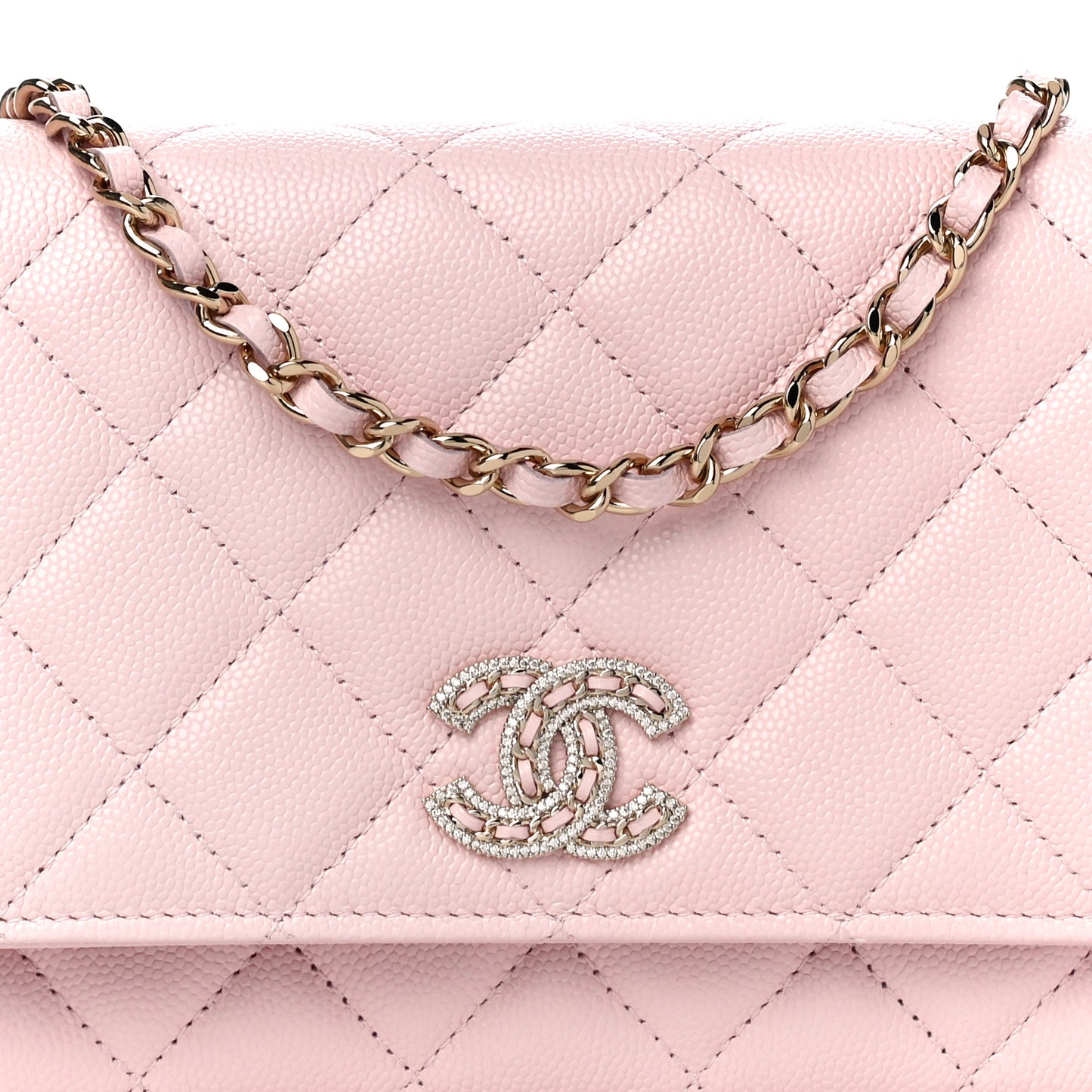 Caviar Quilted Crystal CC Wallet On Chain WOC Light Pink