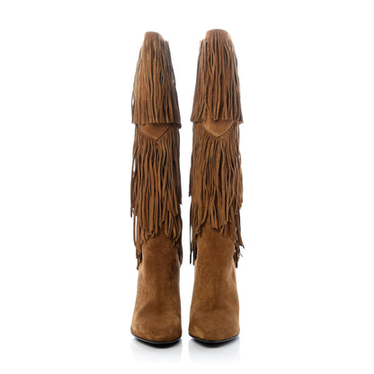 Saint Laurent Suede Lily Knee High Fringed Boots 37 Cigar 2 of 12