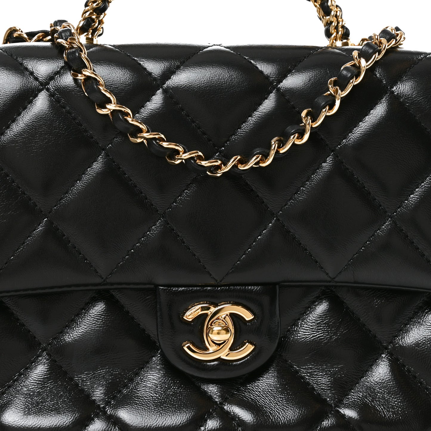 Shiny Lambskin Quilted Twisted Links Top Handle Flap Black