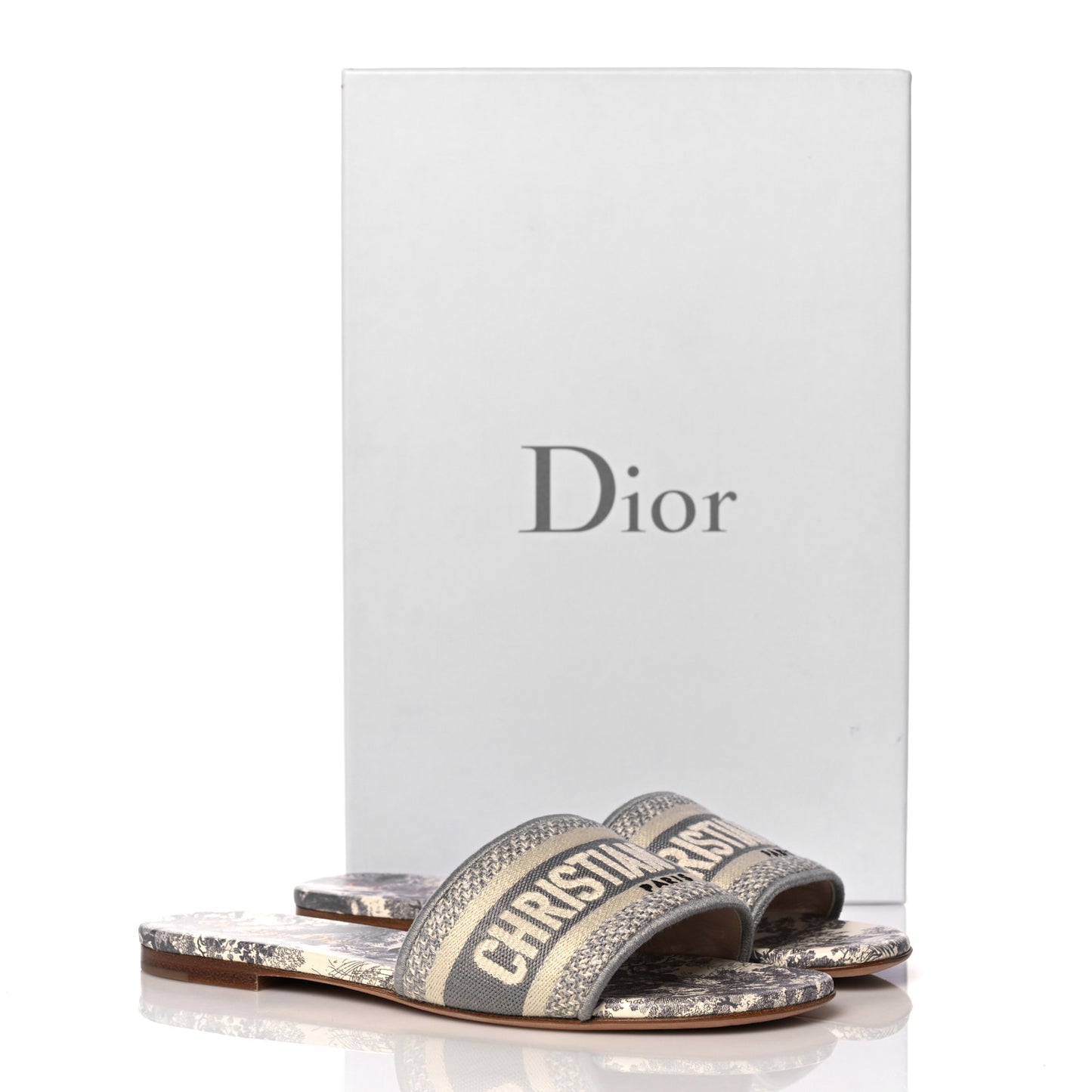 Canvas Toile de Jouy Embroidered Dway Flat Slide Sandals 36 Grey Stone