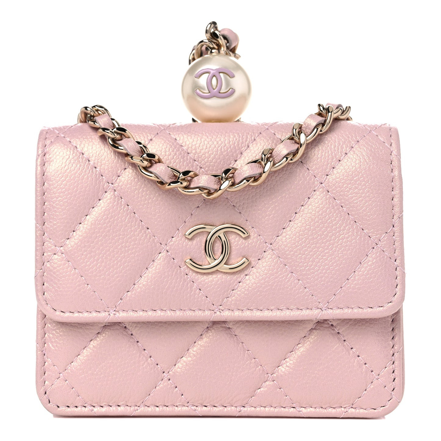 Iridescent Caviar Quilted Pearl On Top Coin Purse With Chain Light Pink