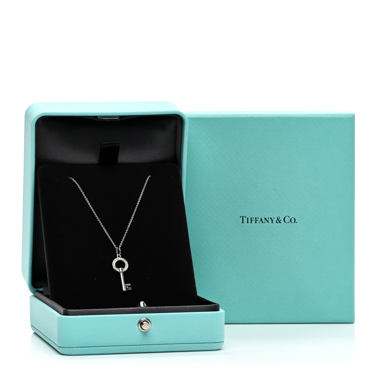 18K White Gold Diamond Modern Keys Round Open Key Pendant Necklace