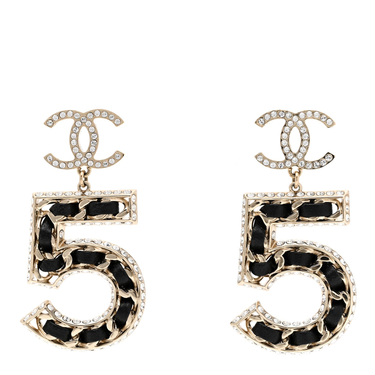 Crystal Lambskin Chain CC No 5 Drop Earrings Gold Black