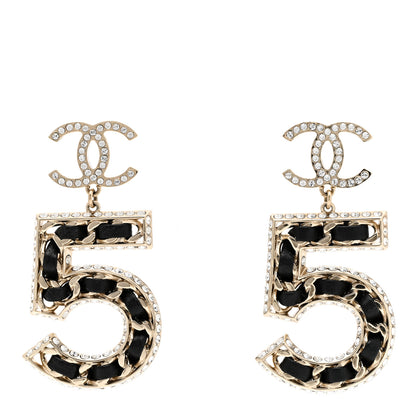 Chanel Crystal Lambskin Chain CC No 5 Drop Earrings Gold Black 1 of 5