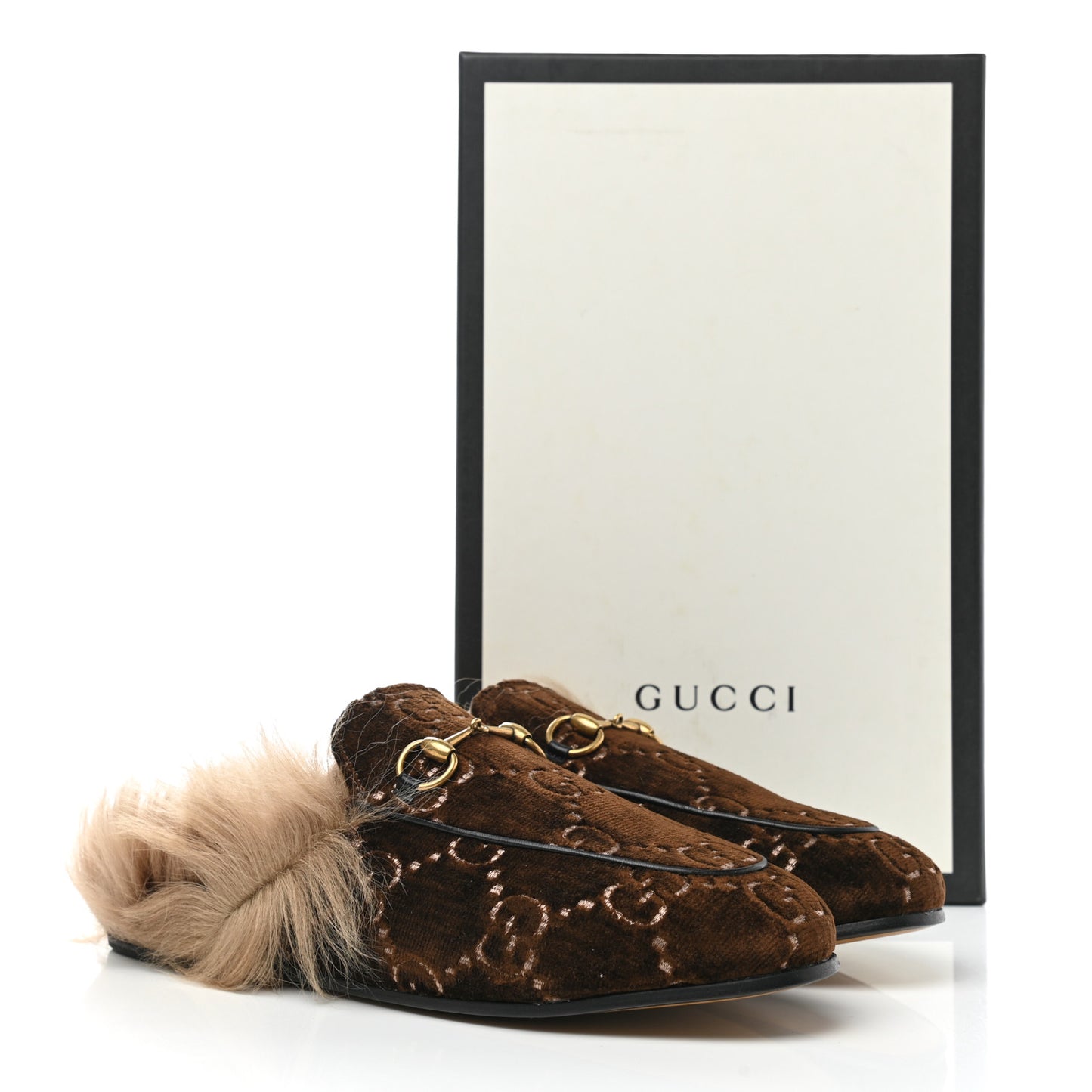 Velvet GG Monogram Fur Womens Princetown Slippers 38.5 Brown Black Natural