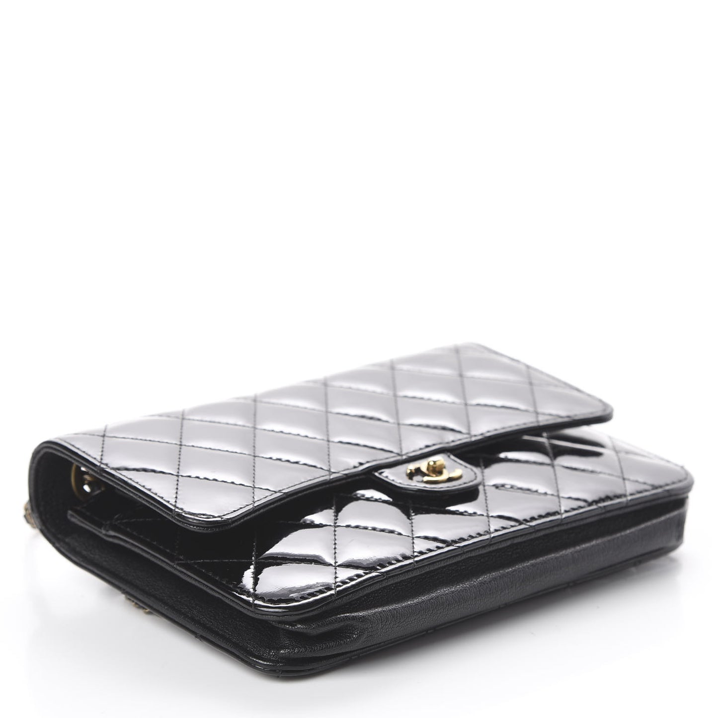 Patent Goatskin Quilted CC Eyelet Wallet On Chain WOC Black