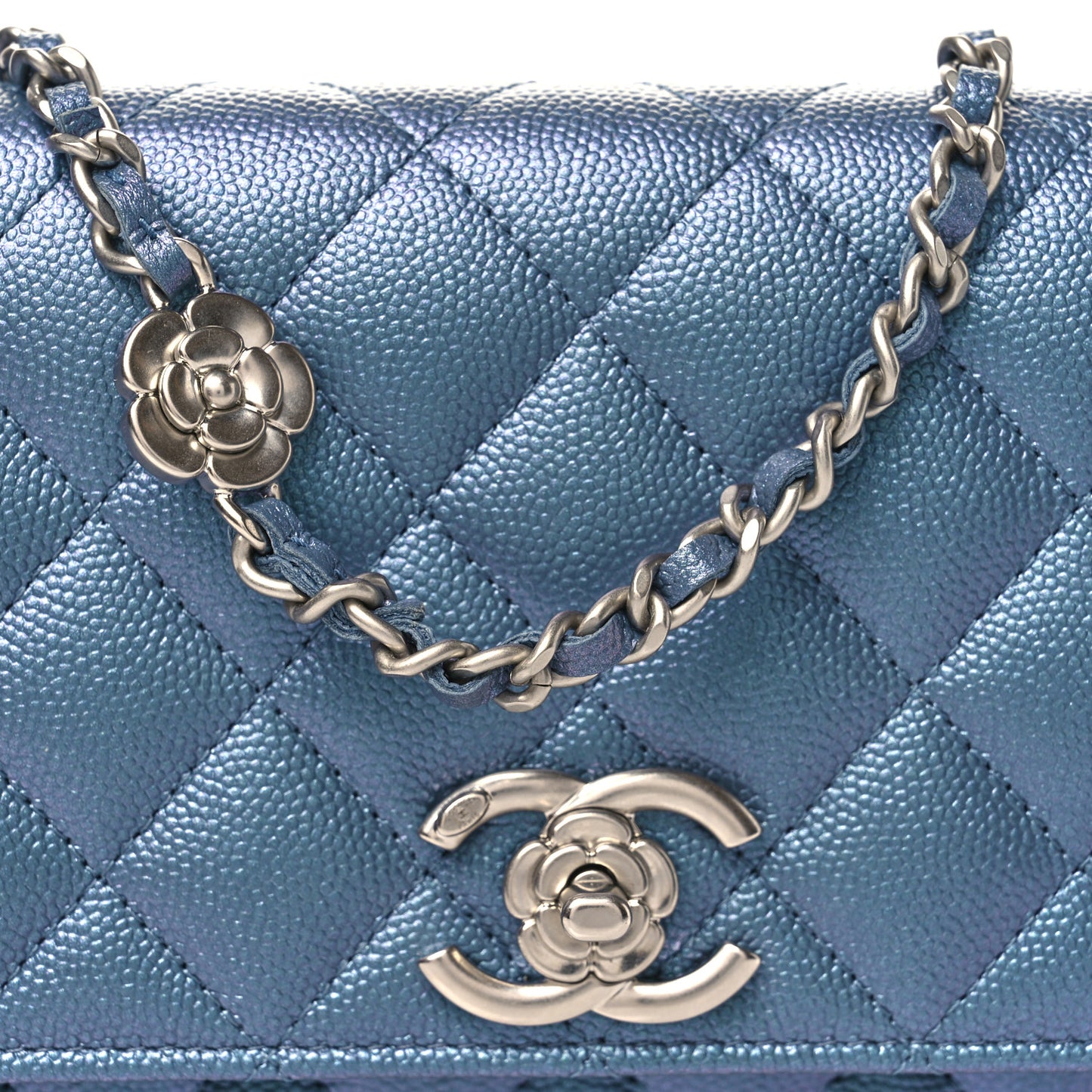 Iridescent Caviar Camellia Quilted Wallet on Chain WOC Dark Blue