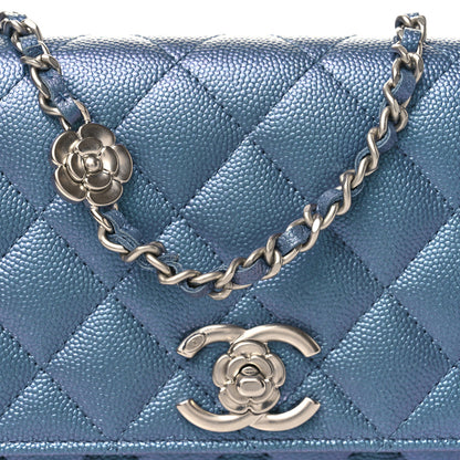 Chanel Iridescent Caviar Camellia Quilted Wallet on Chain WOC Dark Blue 9 of 12