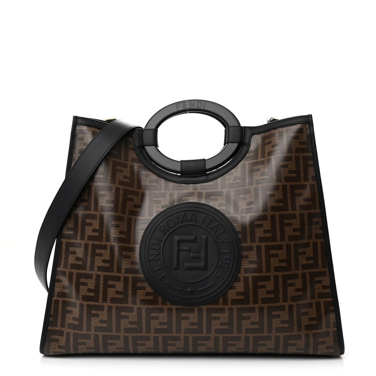 Glazed Fabric Vitello Century Plexiglass FF 1974 Stamp Patch Medium Runaway Shopper Tote Mogano Panna Black