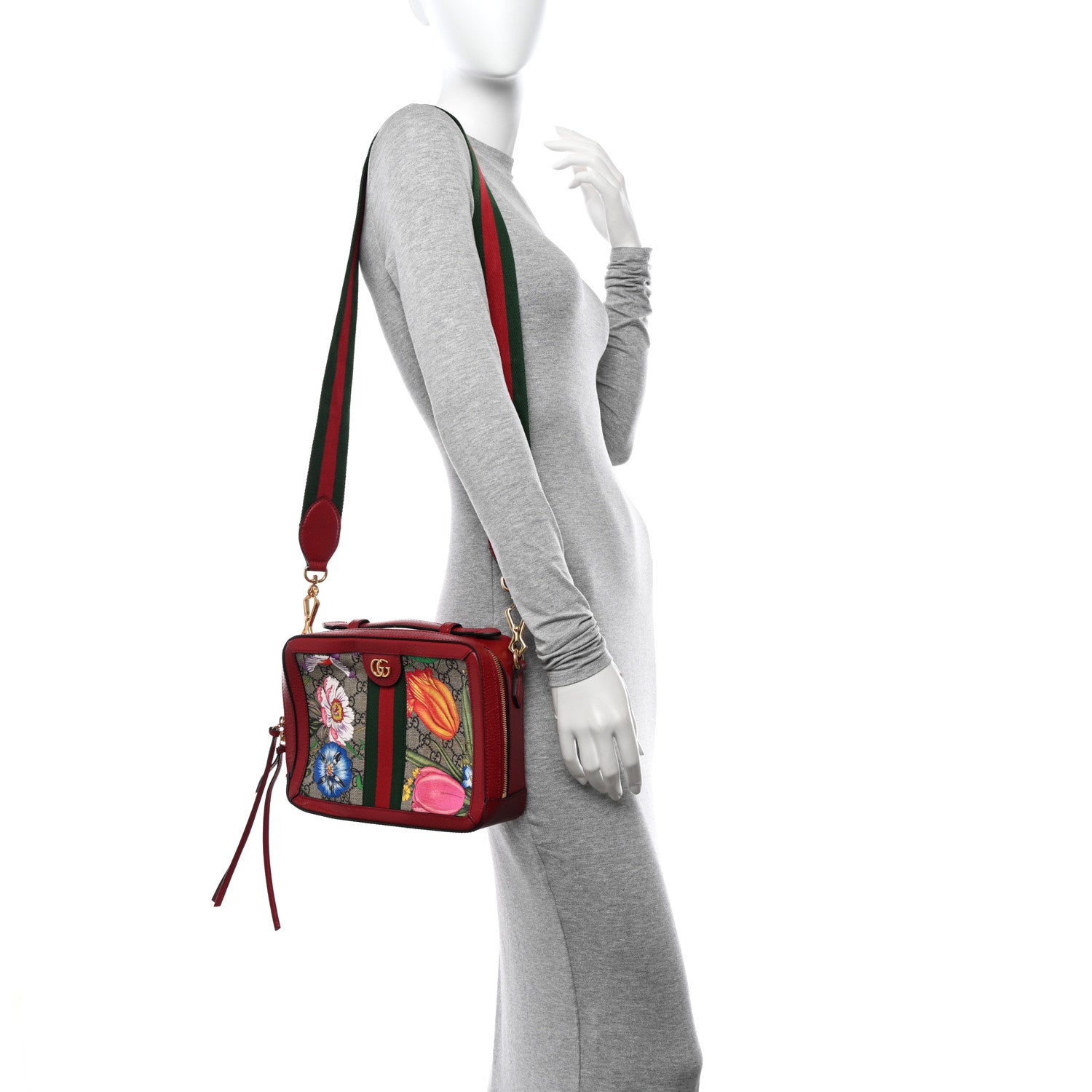 Gucci GG Supreme Monogram Flora Web Small Ophidia Top Handle Shoulder Bag Hibiscus Red 2 of 17