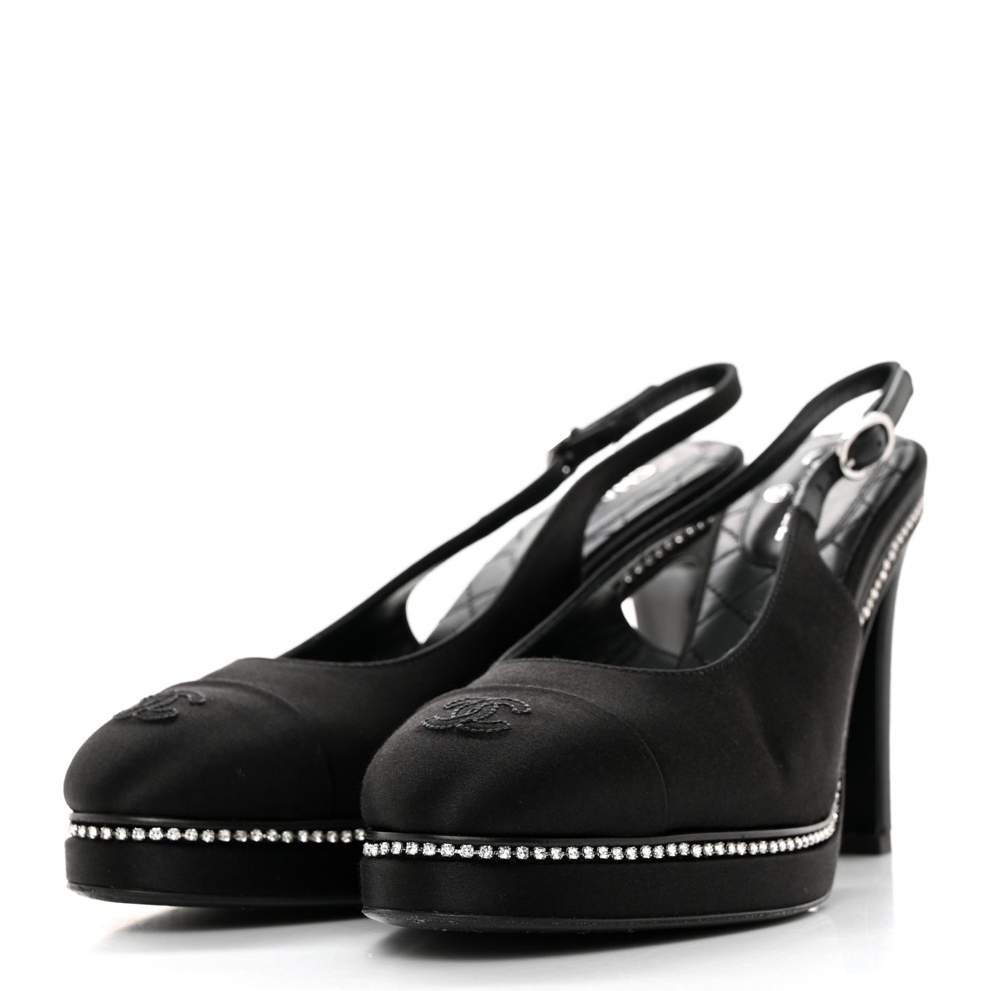 Silk Crystal Embellished Cap Toe CC Slingback Pumps 36.5 Black