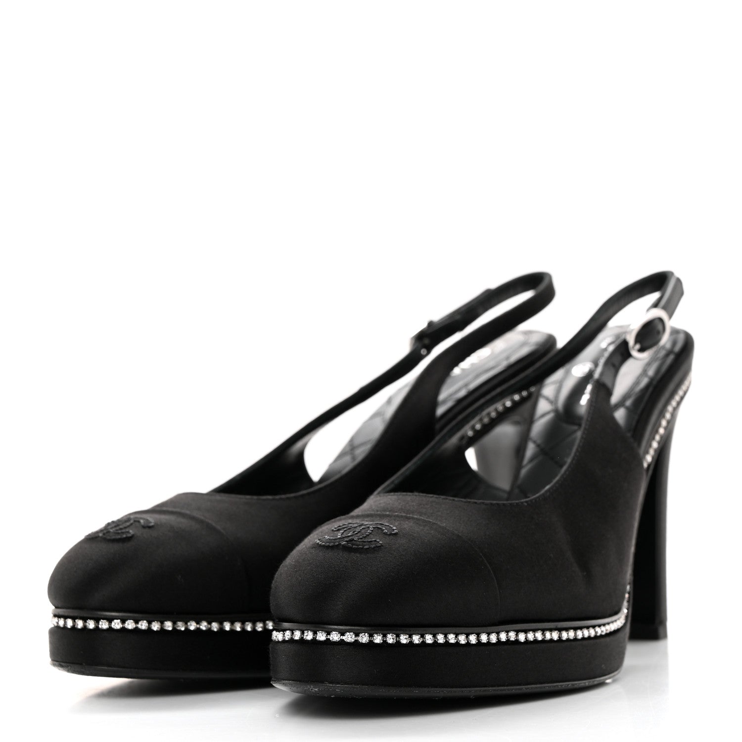 Chanel Silk Crystal Embellished Cap Toe CC Slingback Pumps 36.5 Black 3 of 10