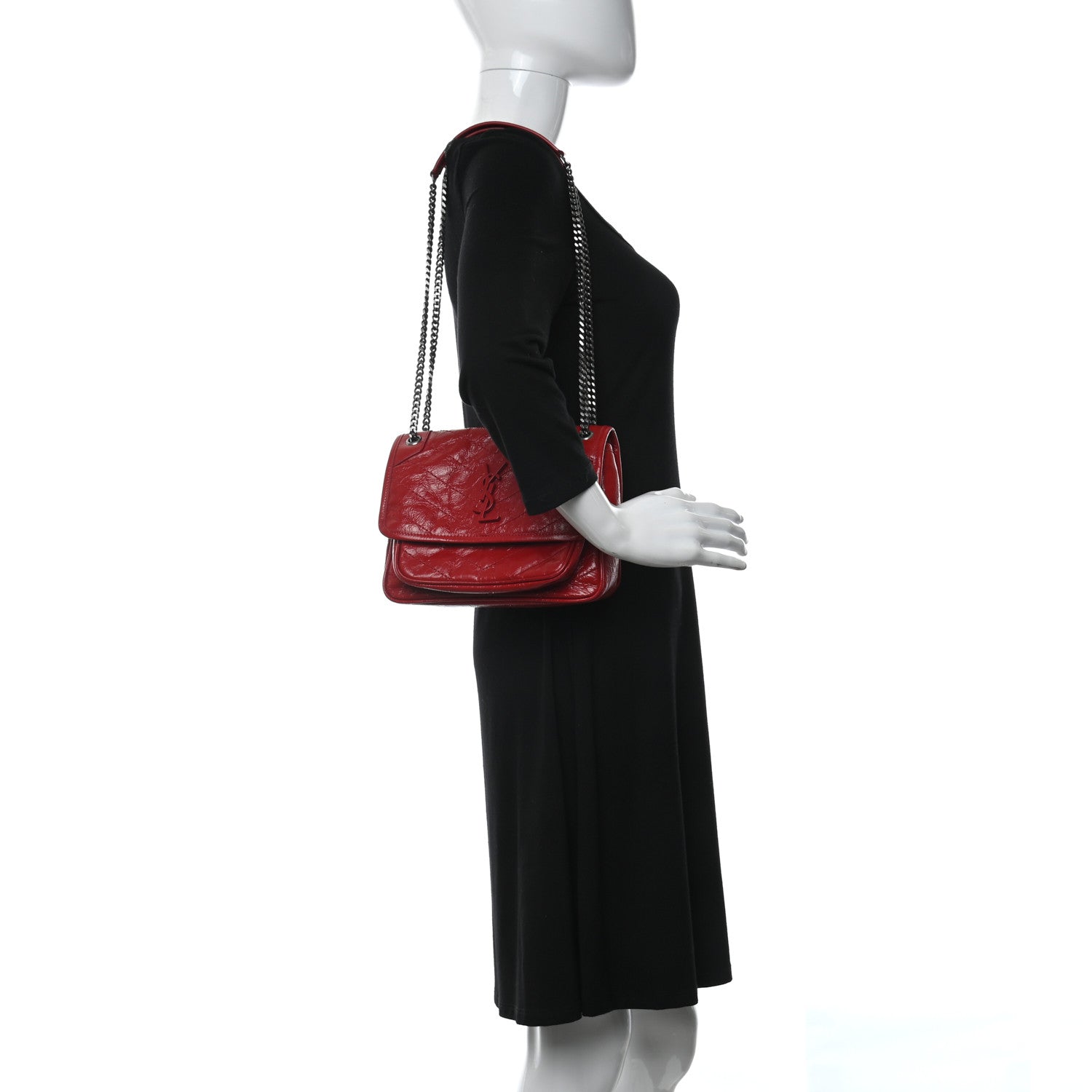 Saint Laurent Crinkled Calfskin Matelasse Monogram Baby Niki Chain Satchel Rouge Eros 2 of 11