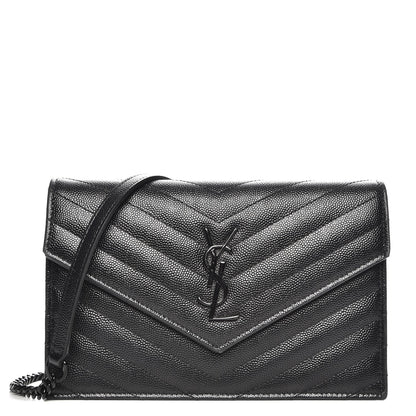 Saint Laurent Grain De Poudre Matelasse Chevron Monogram Envelope Chain Wallet Black 1 of 7