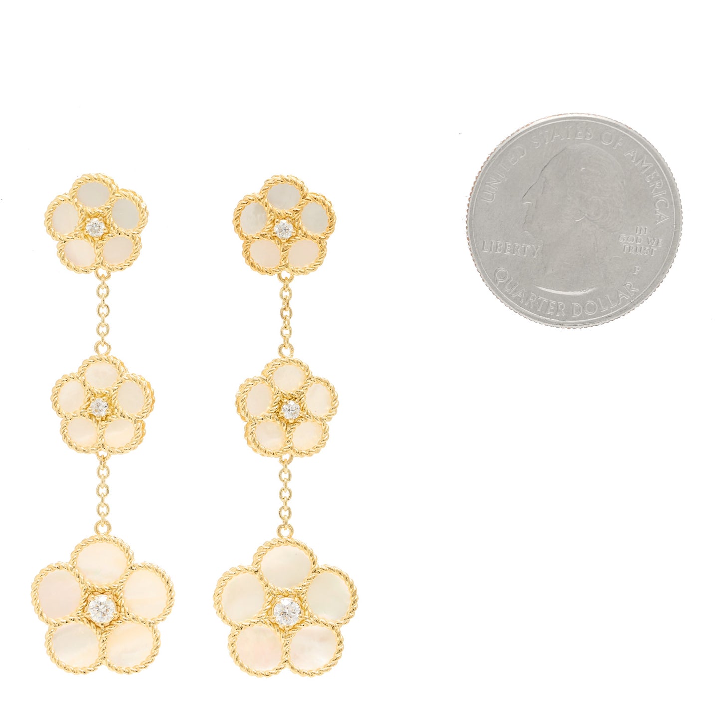 18K Yellow Gold Mother of Pearl Diamond Daisy Drop Earrings