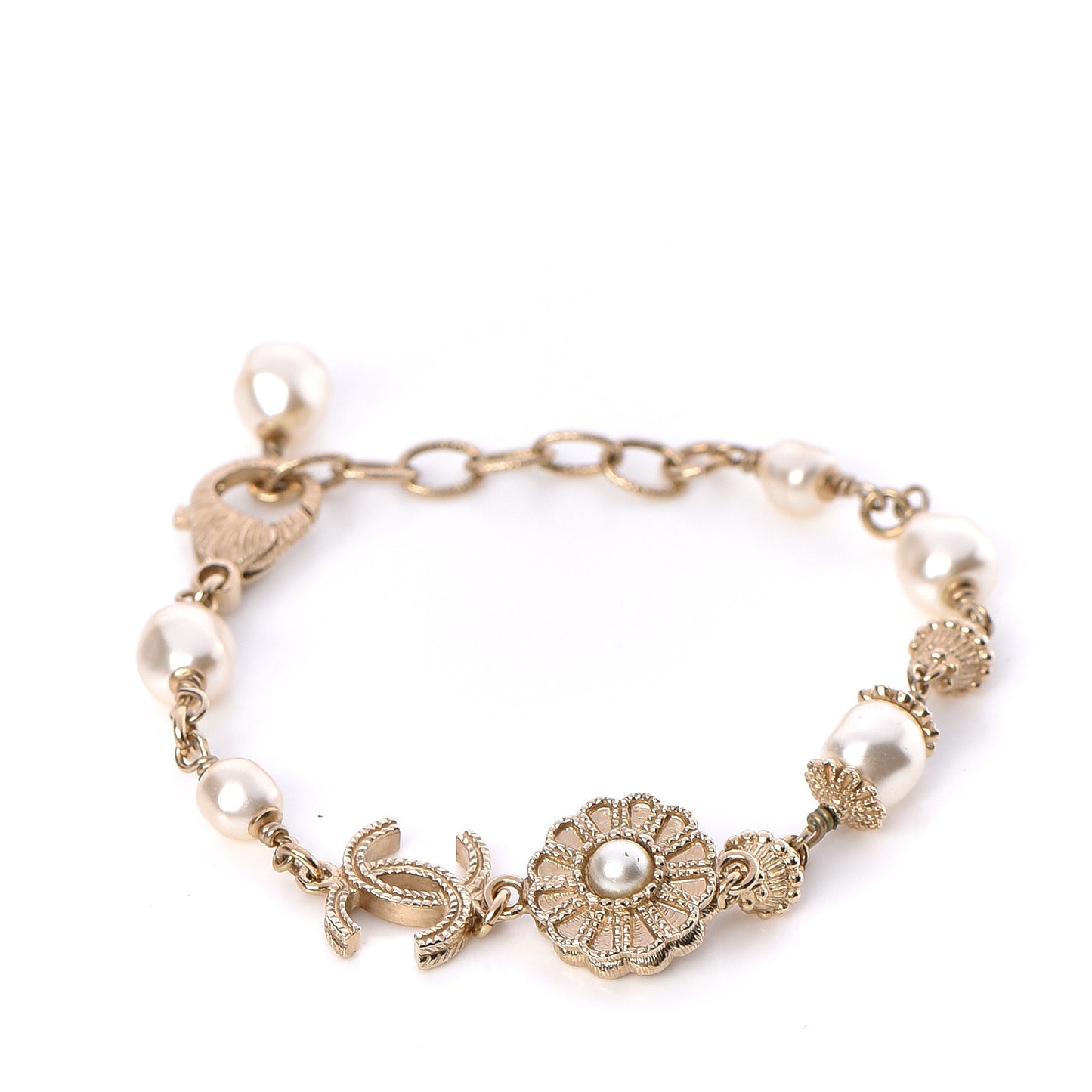 Pearl Crystal CC Flower Bracelet Gold