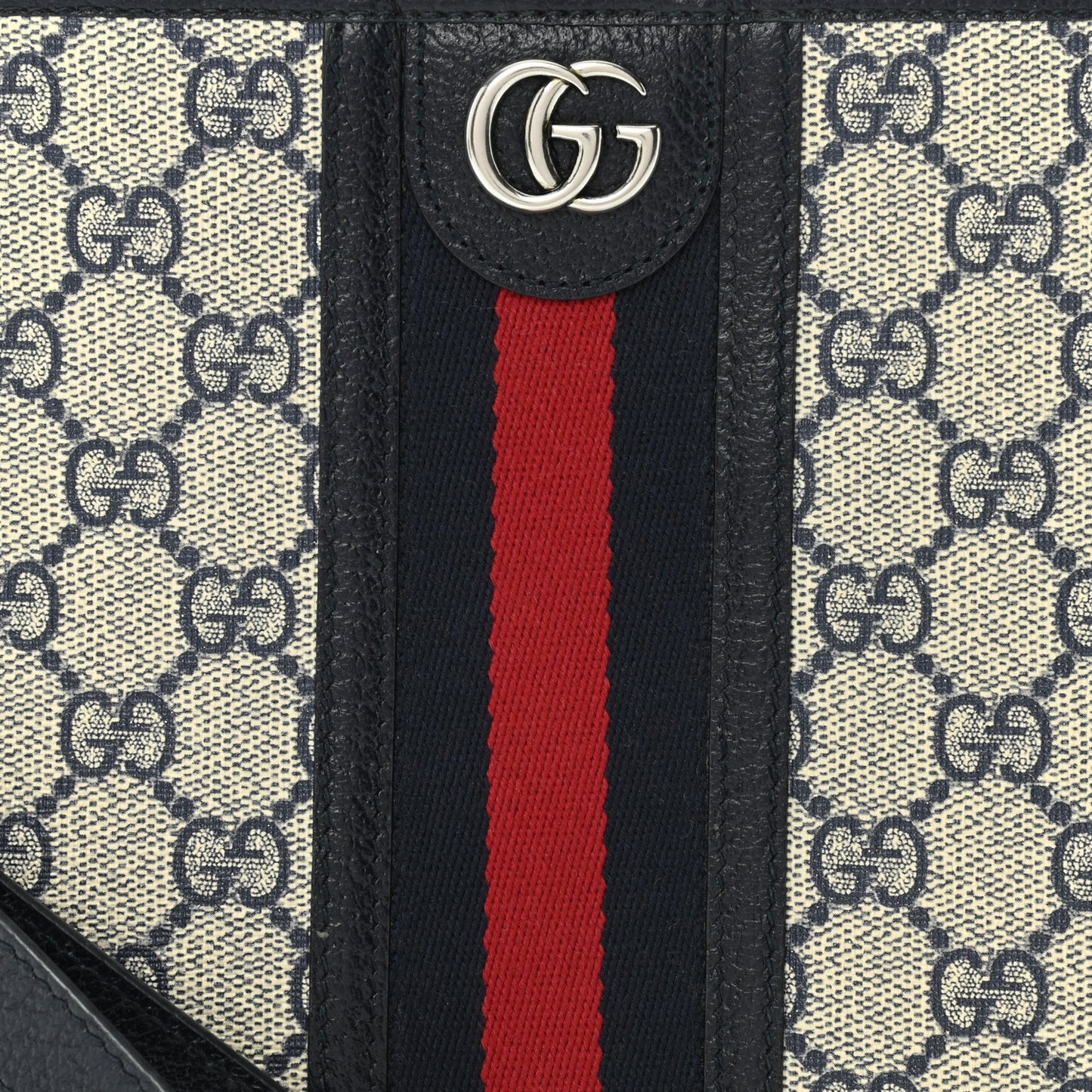 GG Supreme Monogram Textured Dollar Calfskin Web Ophidia Wristlet Pouch Beige Blue