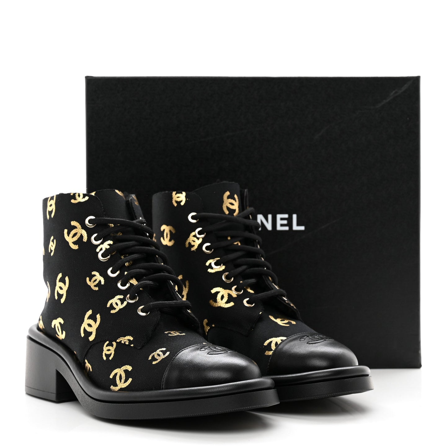 Lambskin Shearling Canvas CC Lace Up Boots 38.5 Black Gold