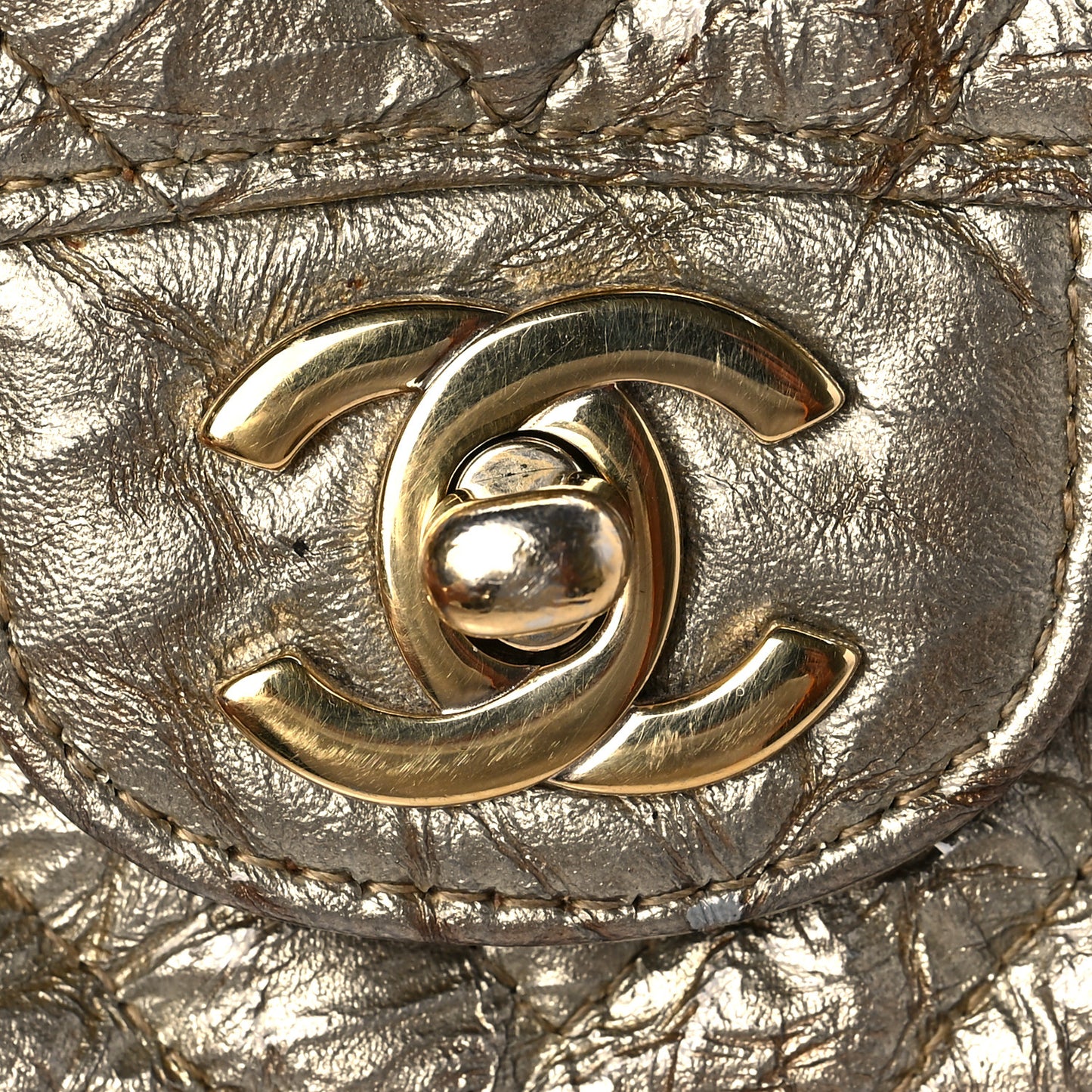 Patent Metallic Crumpled Calfskin Chevron Quilted Mini Square Flap Gold