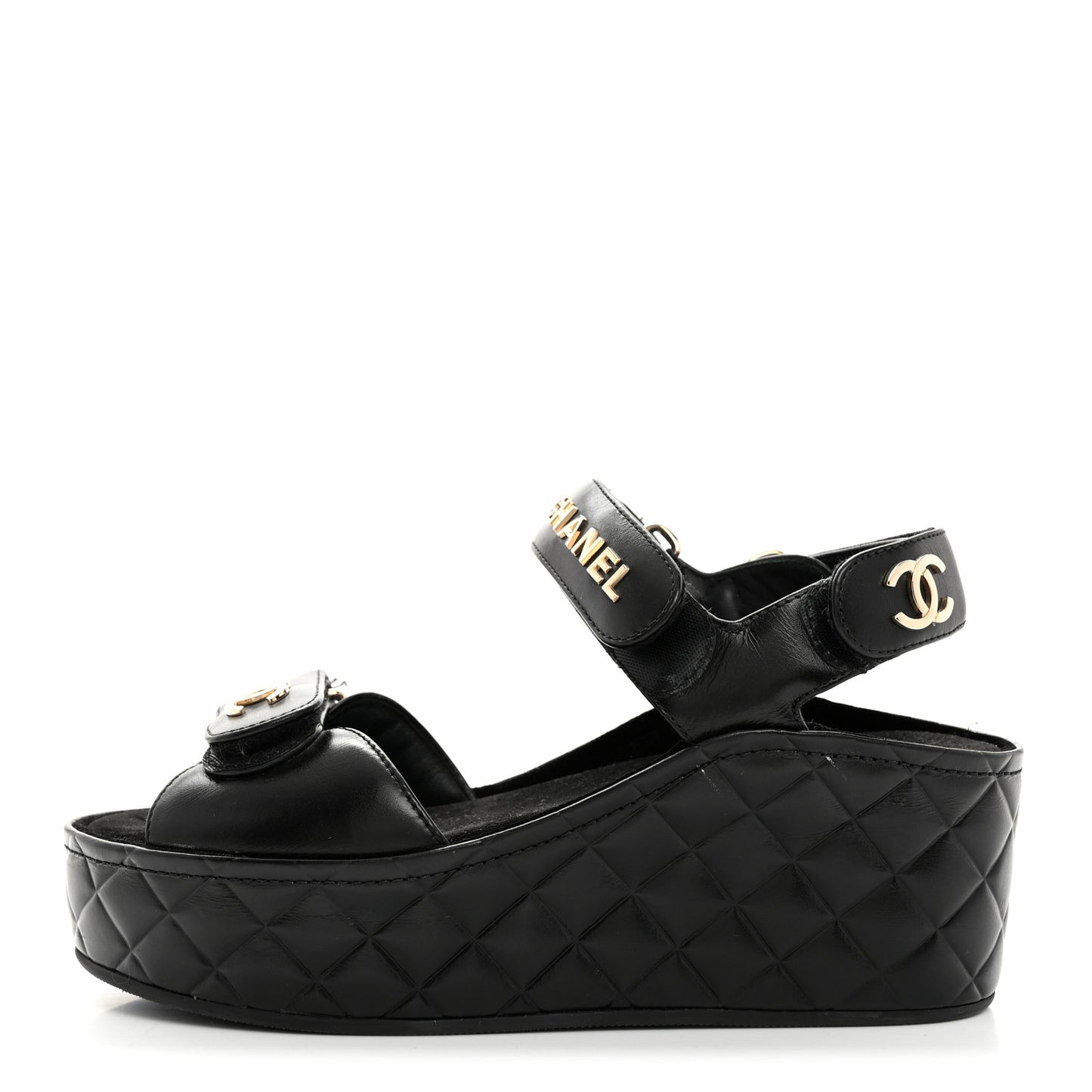 Shiny Calfskin Logo Platform Sandals 36 Black