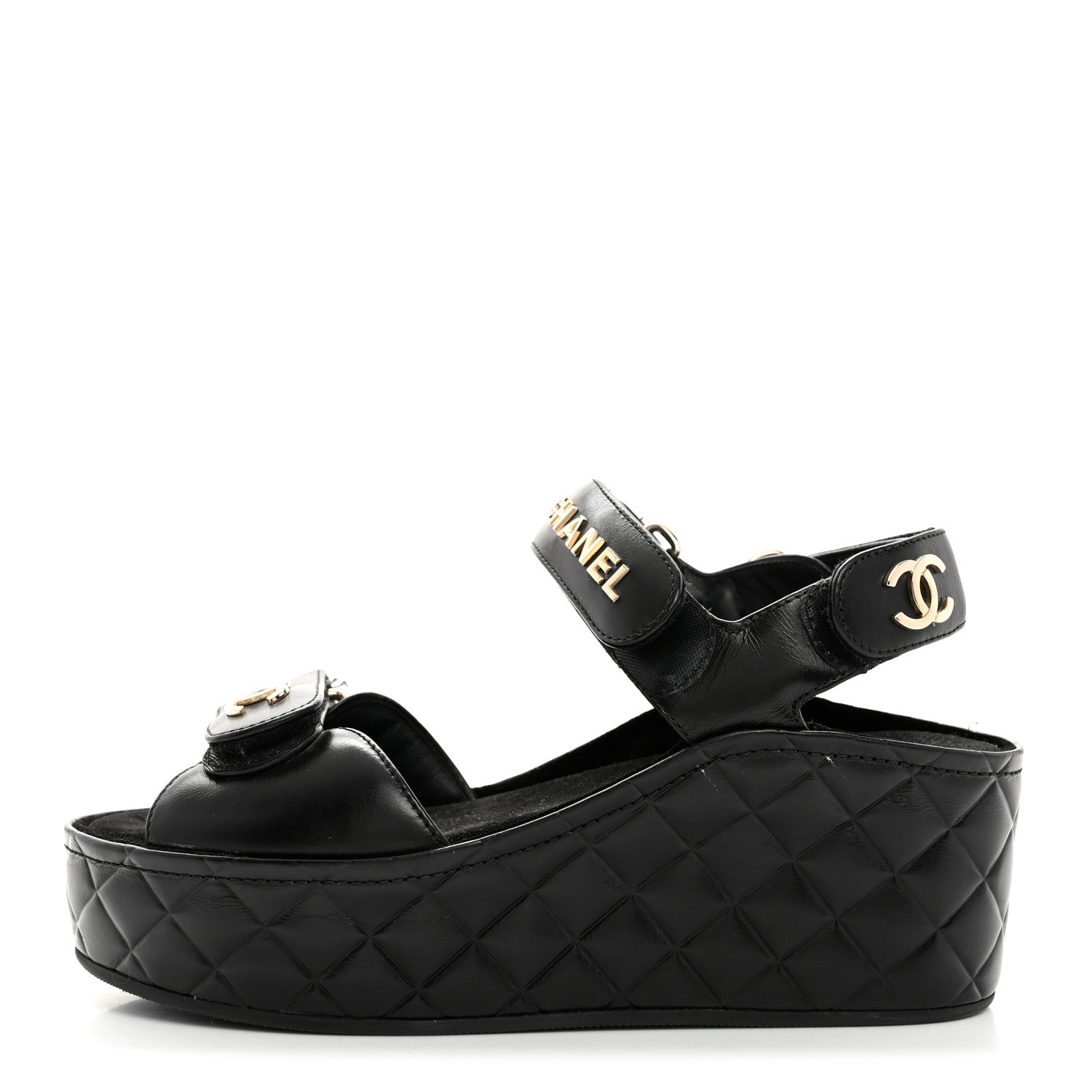 Chanel Shiny Calfskin Logo Platform Sandals 36 Black 1 of 9