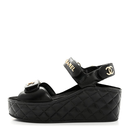 Chanel Shiny Calfskin Logo Platform Sandals 36 Black 1 of 9