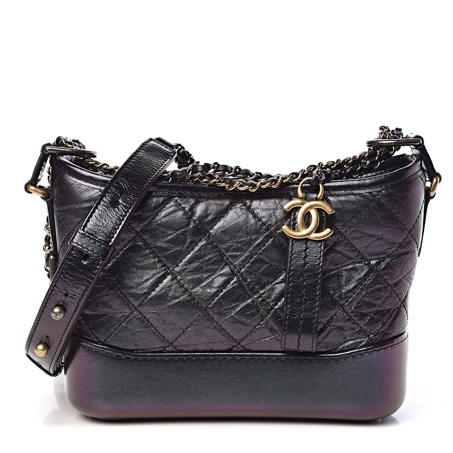Iridescent Aged Calfskin Quilted Small Gabrielle Hobo Black