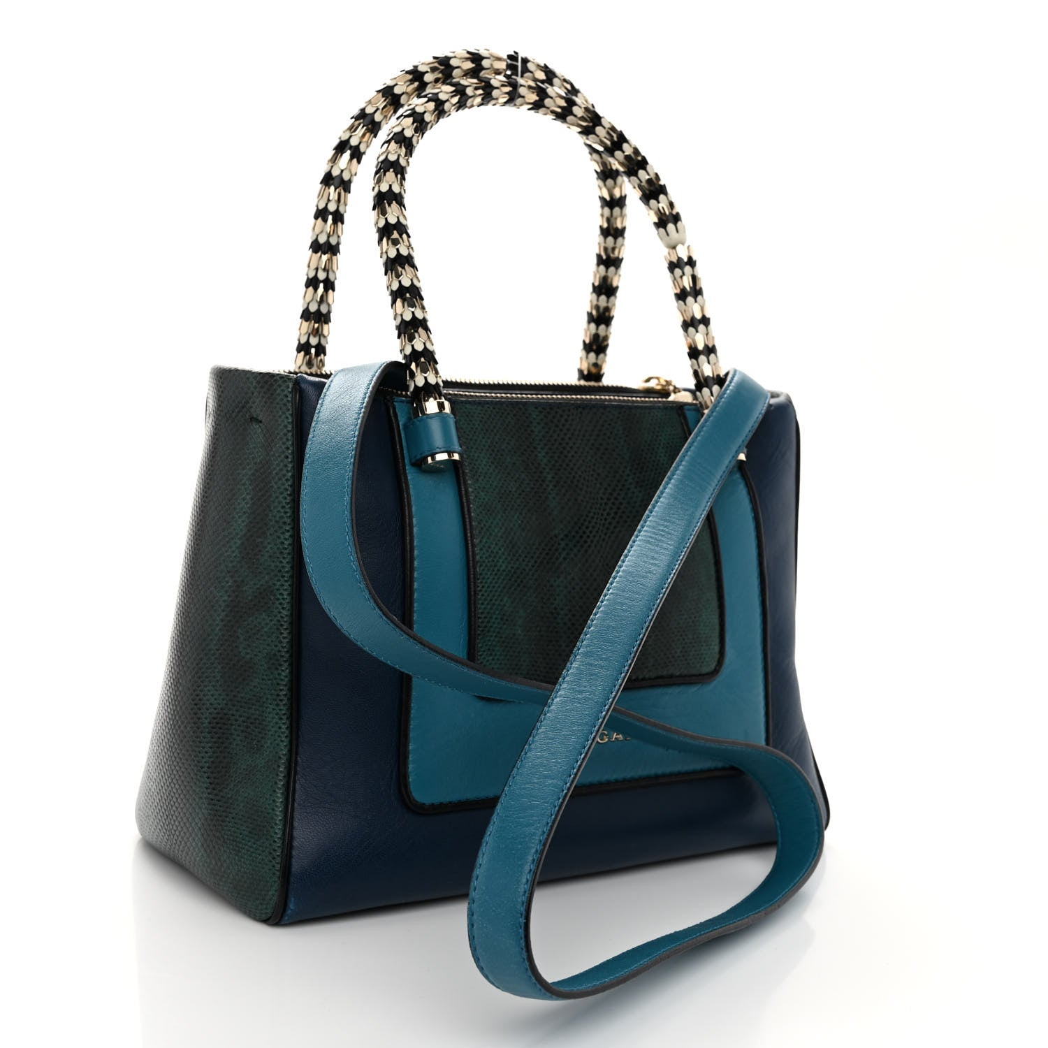 Bulgari Nappa Karung Serpenti Medium Top Handle Tote Blue Green Multicolor 3 of 9