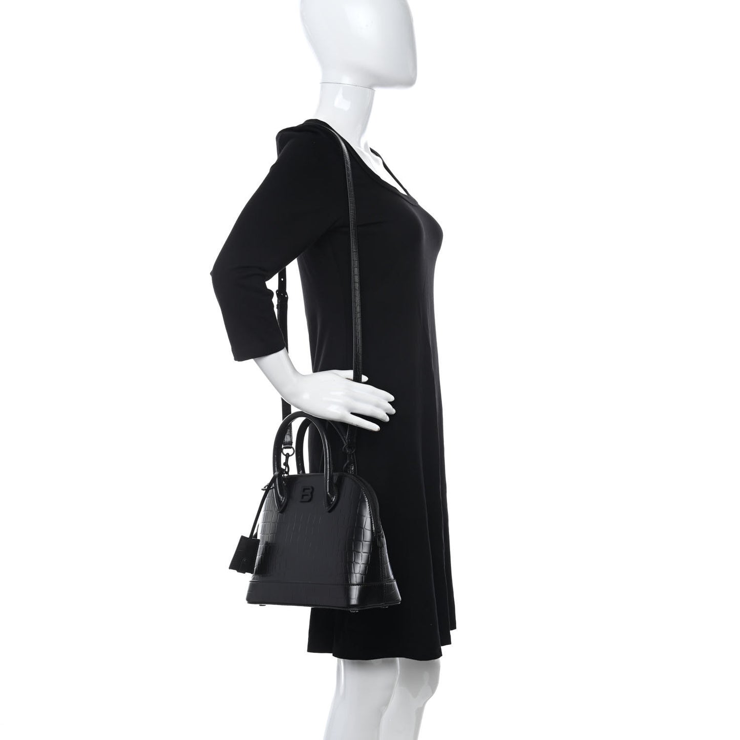 Calfskin Crocodile Embossed S Rivet Ville Top Handle Bag Black