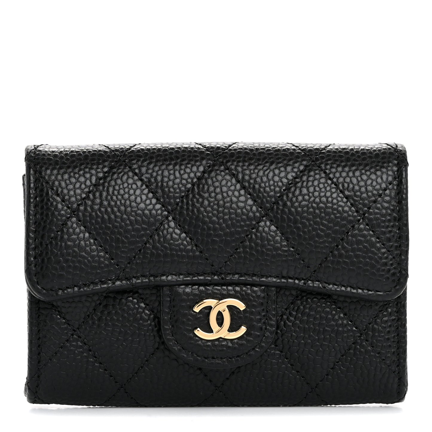 Caviar Quilted Flap Card Holder Wallet Black