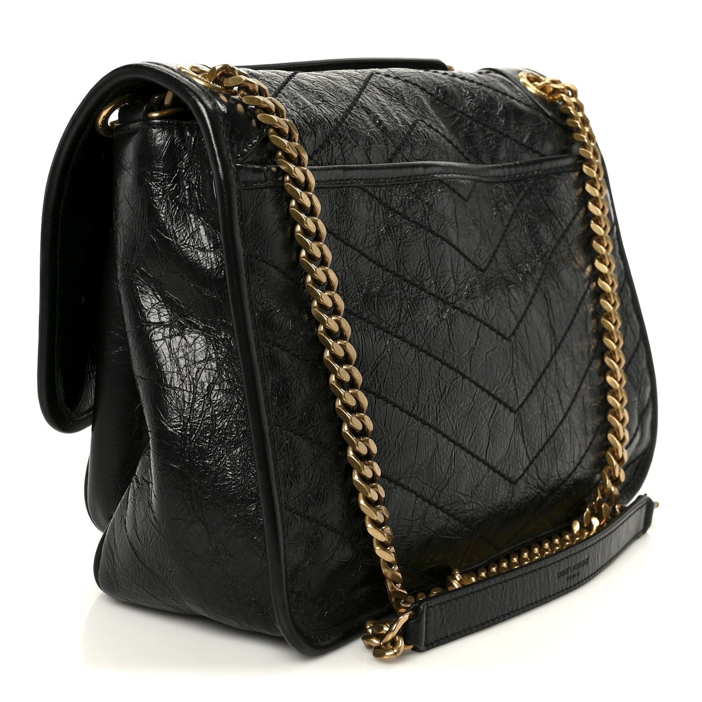 Crinkled Calfskin Matelasse Monogram Medium Niki Chain Satchel Black