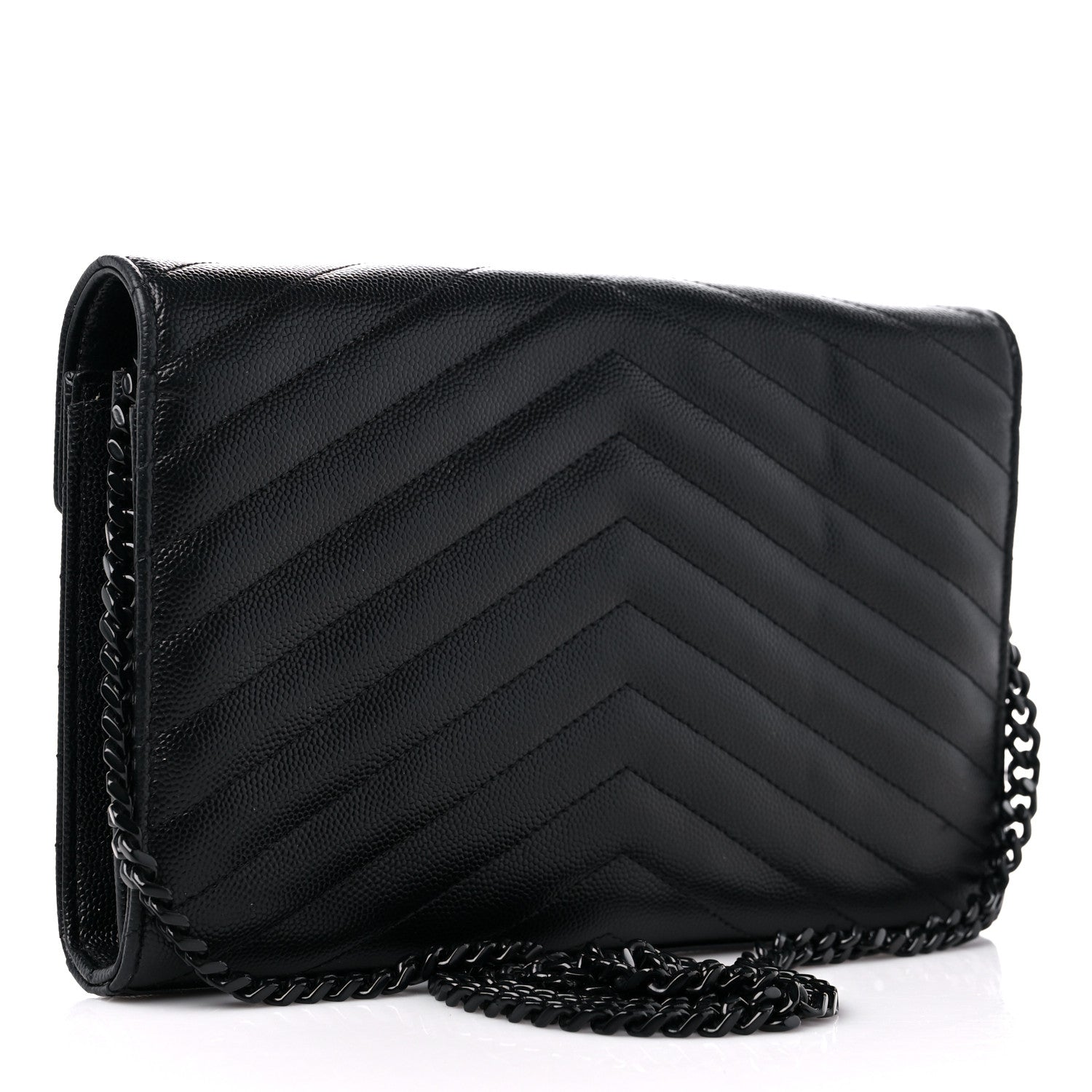 Saint Laurent Grain De Poudre Matelasse Chevron Monogram Monochrome Chain Wallet Black 2 of 9
