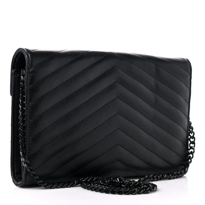 Saint Laurent Grain De Poudre Matelasse Chevron Monogram Monochrome Chain Wallet Black 2 of 9