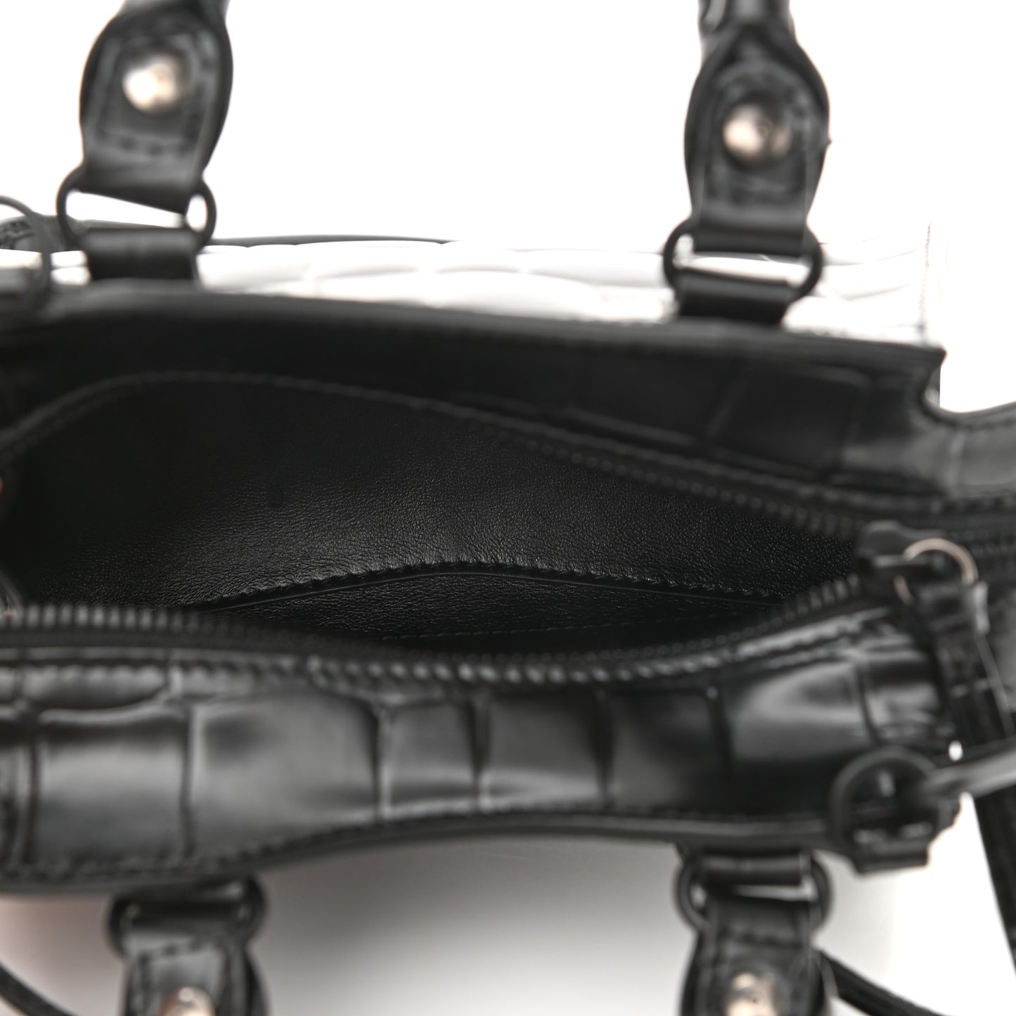 Semi Shiny Calfskin Crocodile Embossed Neo Classic Black Hardware Nano City Crossbody Black
