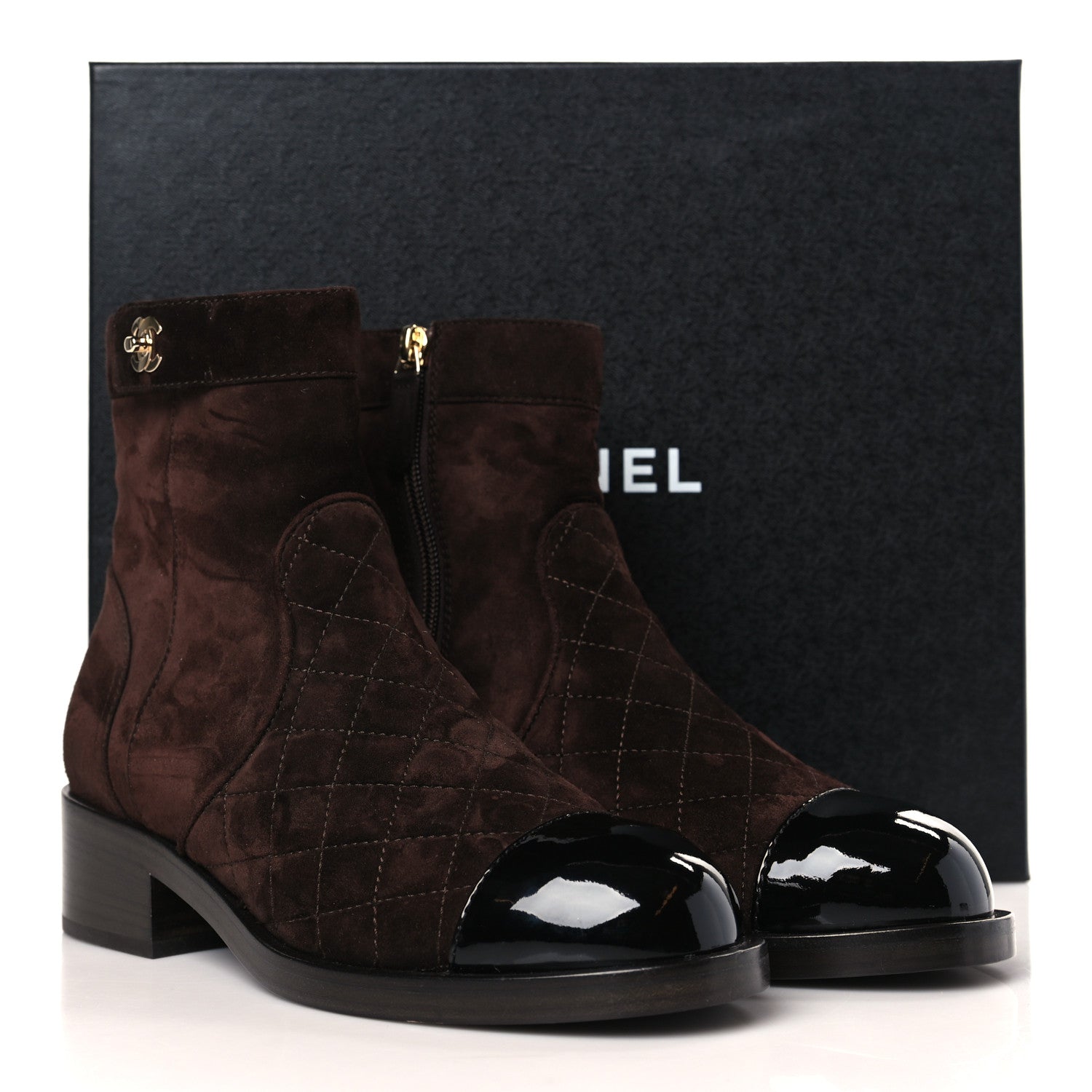 Chanel Suede Patent Calfskin Quilted Cap Toe Short Boots 38 Brown Black 9 of 9