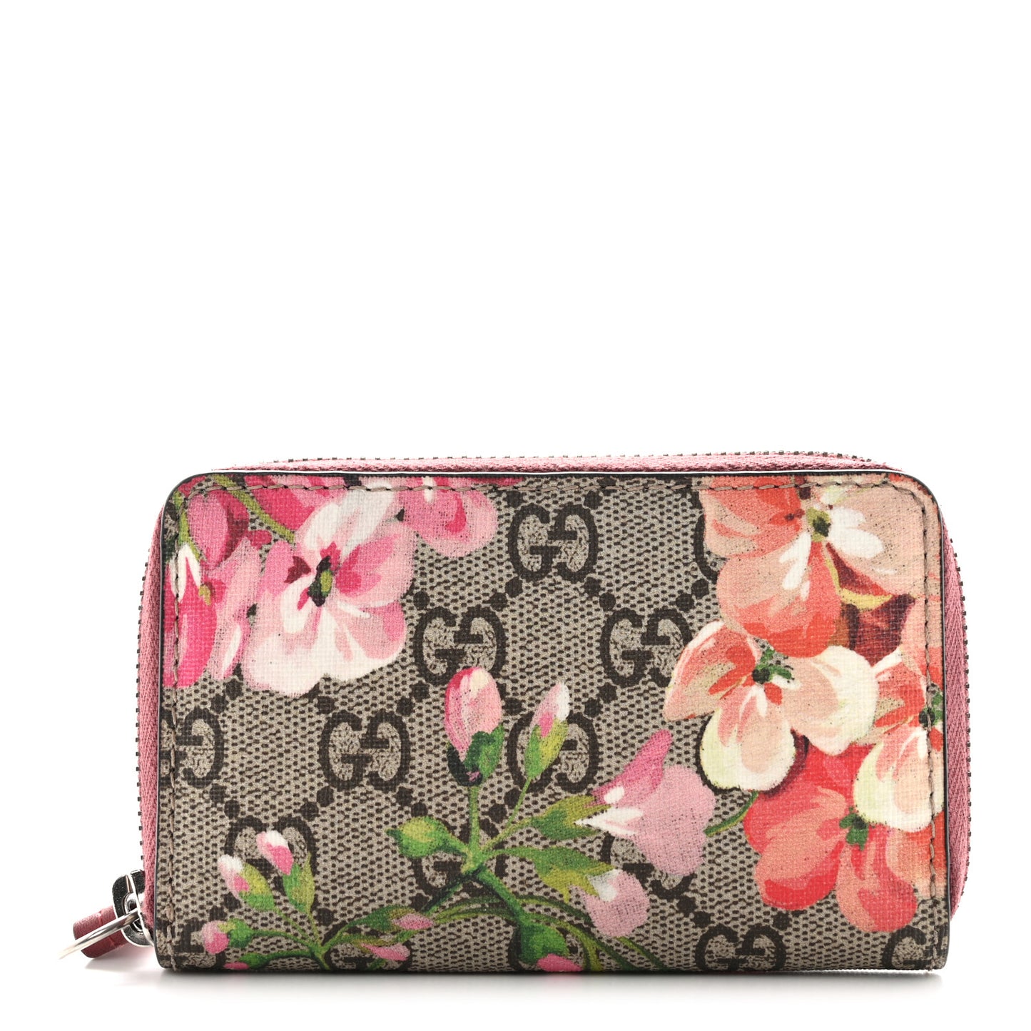 GG Supreme Monogram Blooms Zip Around Card Case Wallet Beige Multicolor Dry Rose