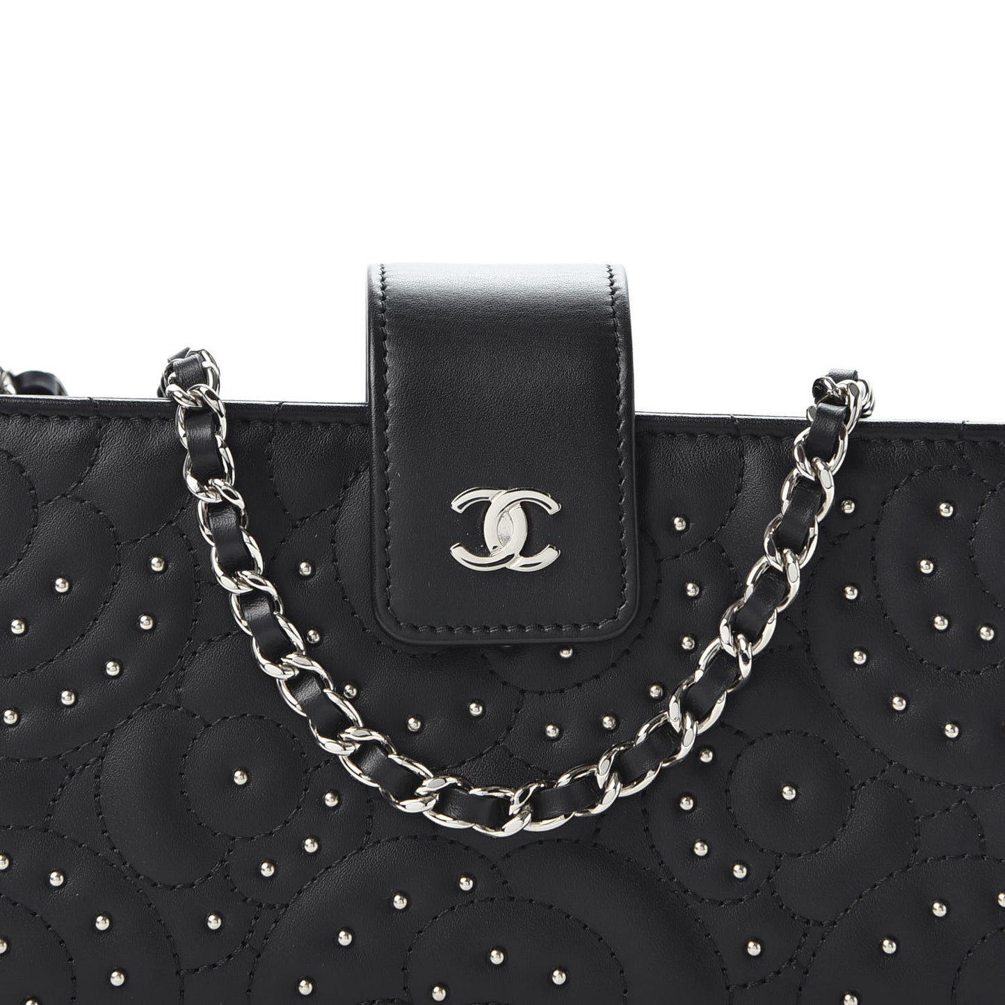 Lambskin Camellia Studded Clutch With Chain Black