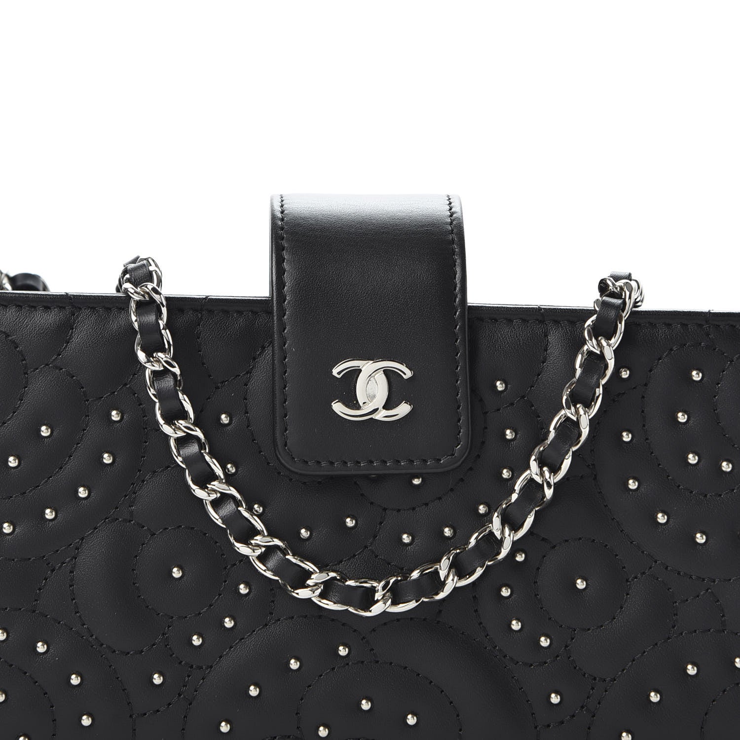 Chanel Lambskin Camellia Studded Clutch With Chain Black 10 of 11