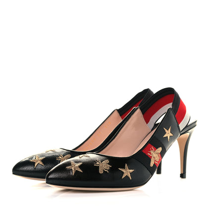 Gucci Malaga Kid Web Bee Star Embroidered Sylvie High Heel Slingback Pumps 37 Black 3 of 9