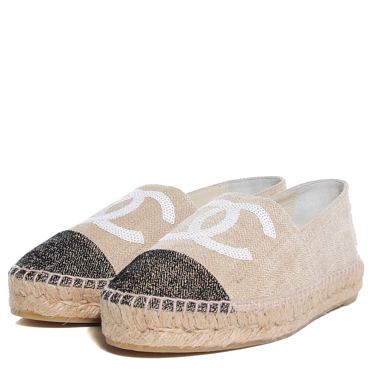 Chanel Toile Sequin CC Espadrilles 38 Beige Black 3 of 8