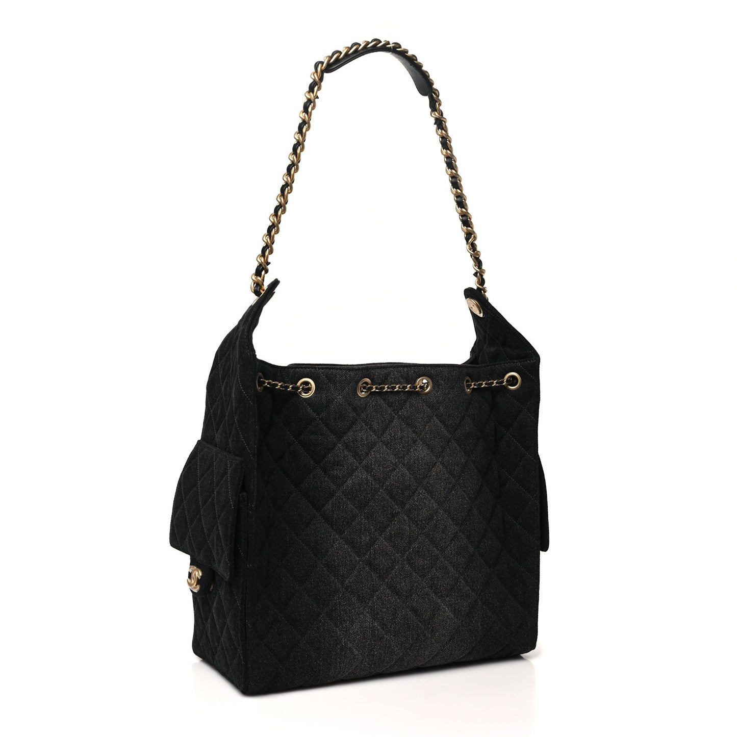 Washed Denim Quilted Medium Chanel 25 Handbag Black
