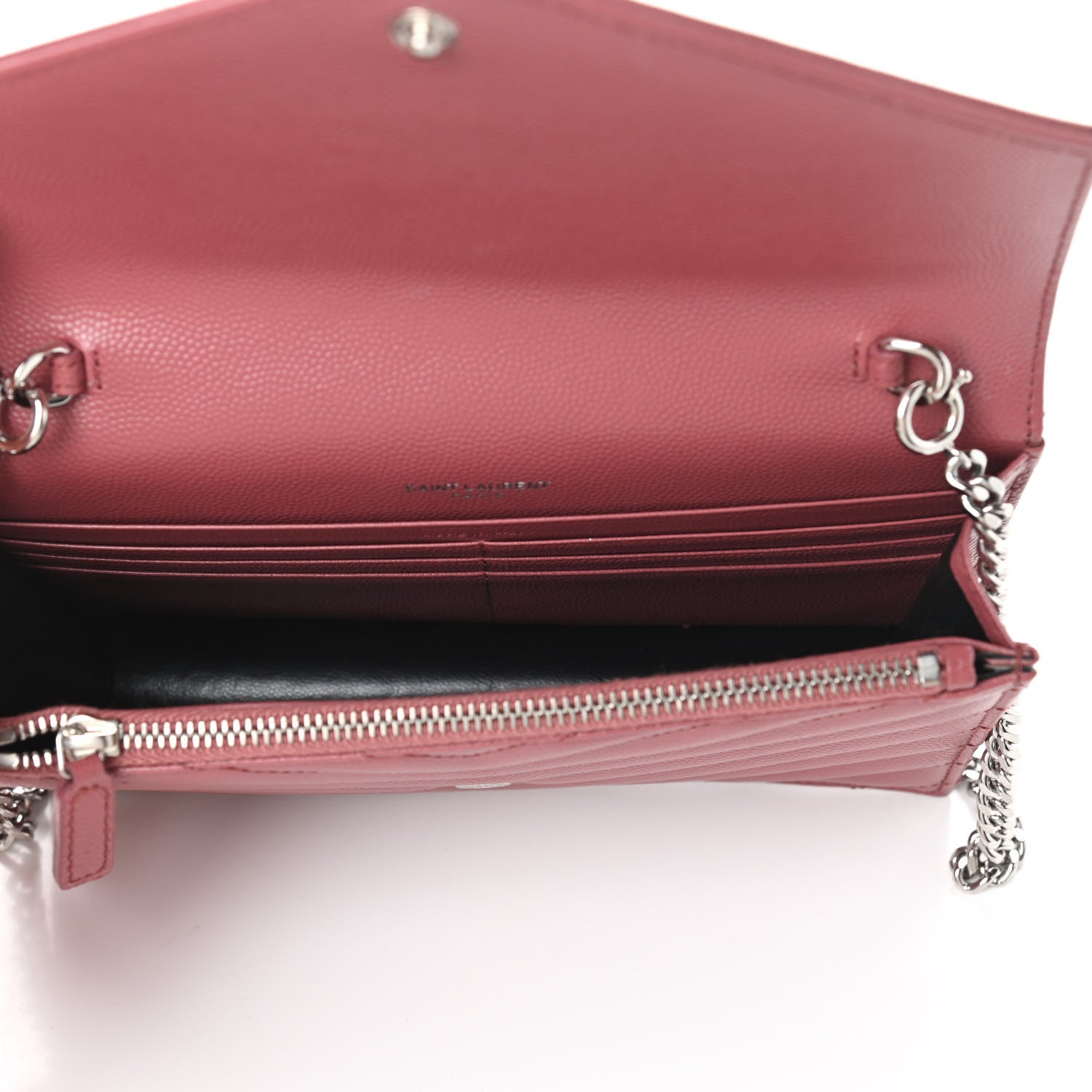 Saint Laurent Grain De Poudre Matelasse Chevron Monogram Envelope Chain Wallet Mystic Rose 5 of 9
