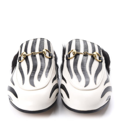 Gucci Malaga Kid Fur Zebra Inlay Womens Princetown Slippers 37 Mystic White Black 2 of 8