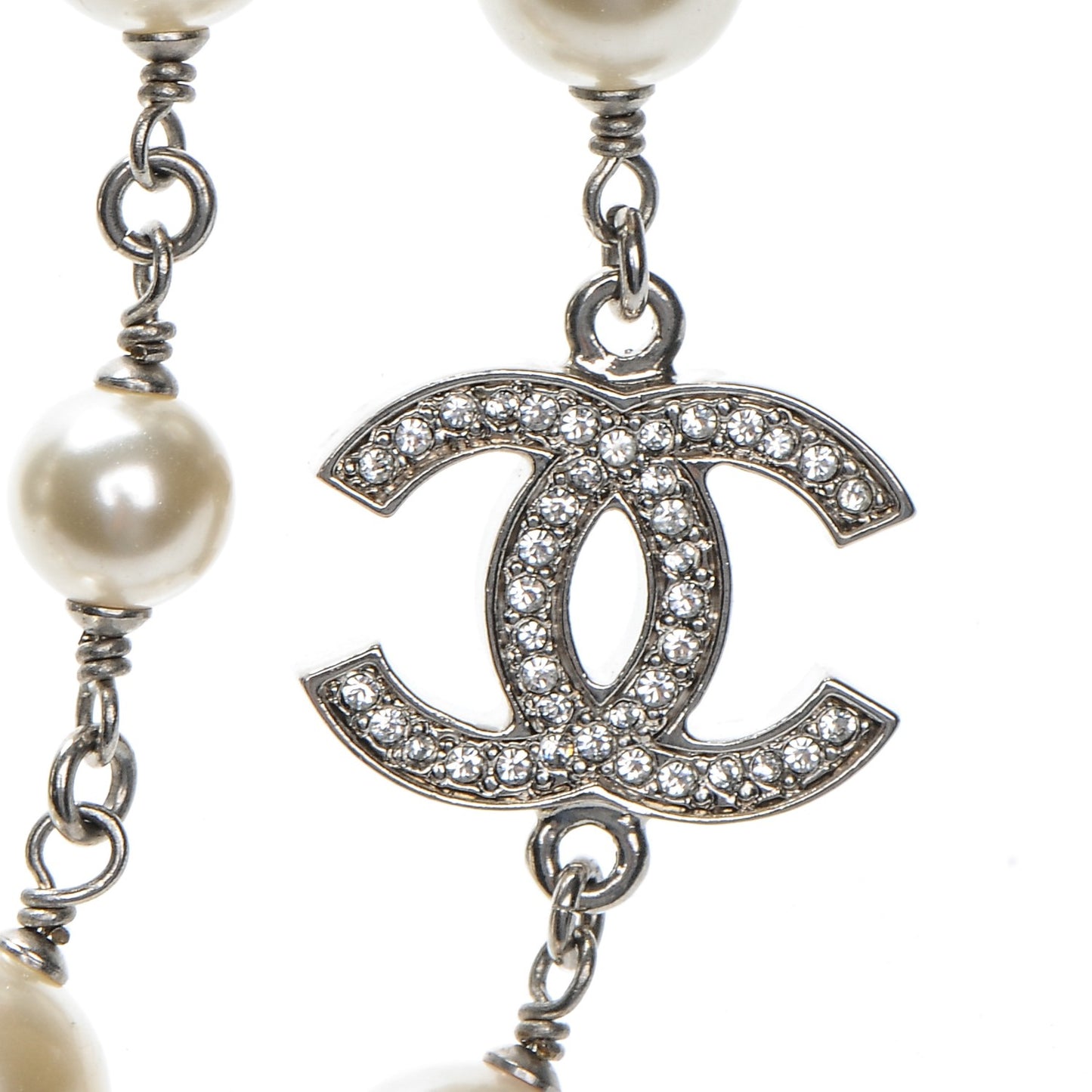 Crystal Pearl CC Long Necklace Silver